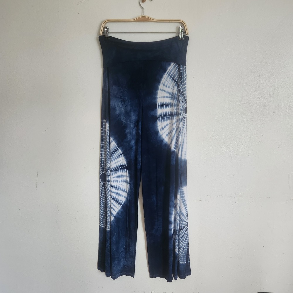 Chatoyant Wide Leg Palazzo Pants Medium Blue White Tie Dye High Rise Boho Hippie